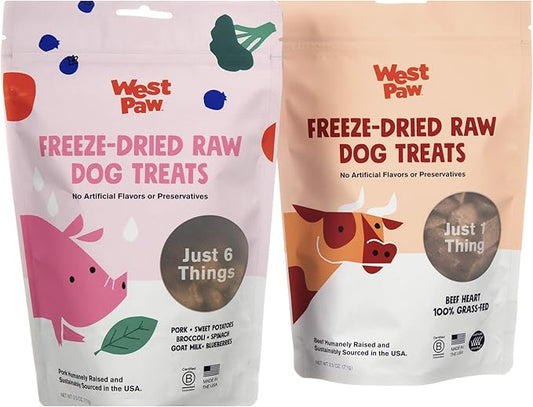 WEST PAW Freeze-Dried Raw All Natural Dog Treats, Single Ingredient, Humanely Raised and Sustainably Sourced, Made in USA, Beef Heart & Pork, 2 Pack