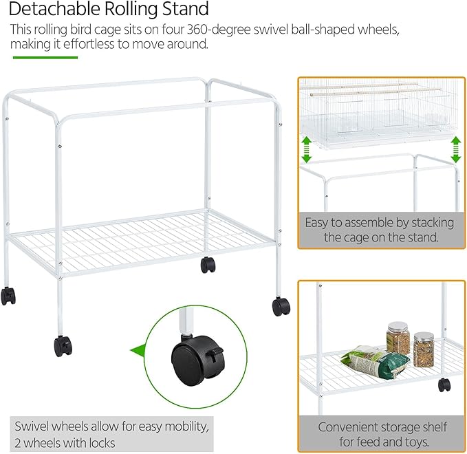Yaheetech 47-inch Flight Bird Cages for Parakeets Cockatiels Conures Budgies Finches Lovebirds Canaries Parrots Breeding Birdcage with Detachable Rolling Stand, White