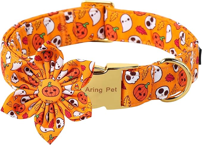 ARING PET Halloween Dog Collar-Cotton Pumpkin Dog Collar with Flower, Adjustable Halloween Themed Dog Collars Pet Necklace with Metal Buckle for Girl&Boy Dogs