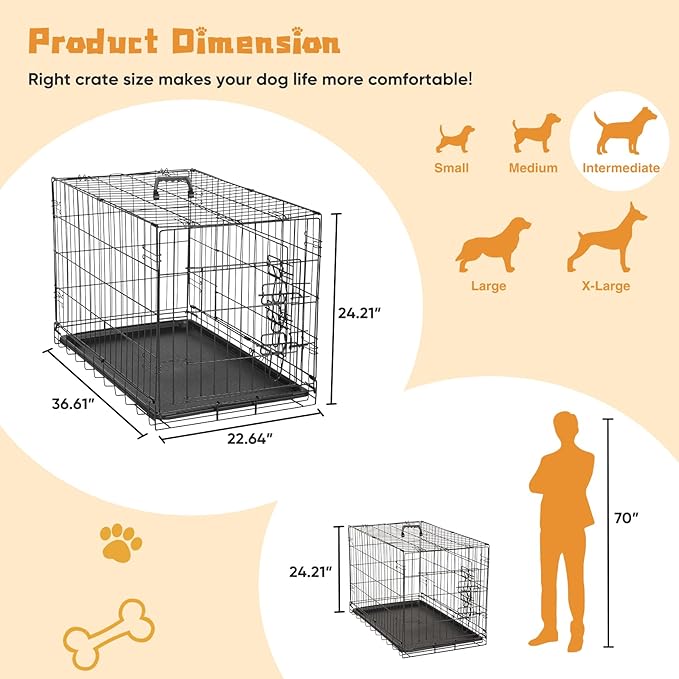 DUMOS Dog Crate, 36 Inch Medium Double Door Dog Cage with Divider Panel and Plastic Leak-Proof Pan Tray, Folding Metal Wire Pet Kennel for Indoor, Outdoor, Travel