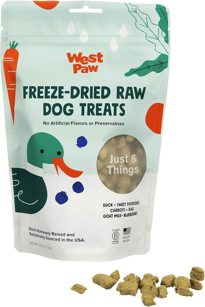 WEST PAW All-Natural Raw Freeze-Dried Dog Treats  Farm-Fresh Duck Training Treats for Dogs with Fiber, Beta Carotene, Vitamins A, E, C  Wholesome Canine Treat for Puppies, Senior Dogs  2.5 Oz.