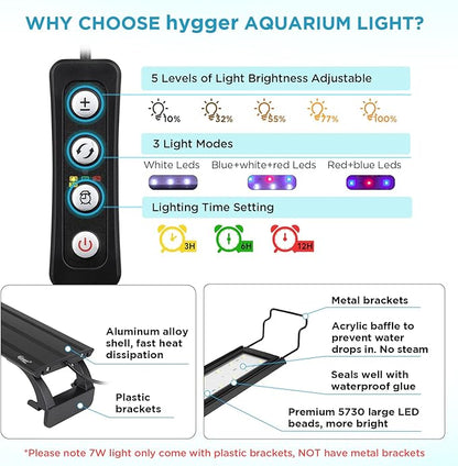 hygger 7W Full Spectrum Aquarium Light with Aluminum Alloy Shell and Plastic Extendable Brackets, White Blue Red LEDs, External Controller, for Freshwater Fish Tank (5-8.5 inch)