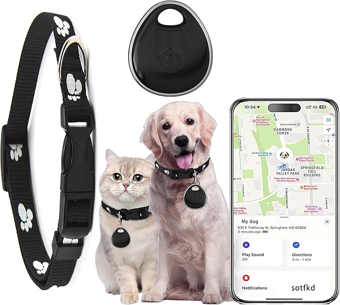 Dog Tracker-Cat Collar | MFi Certificated | No Monthly Fee | No Charging Required | Waterproof | Works with Any Collar