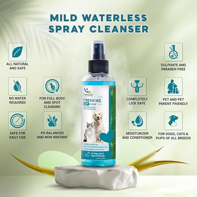 Natural Remedies Fresh Me Up Bloom Waterless Spray Cleanser for Dogs and Cats - Dry Shampoo- Grooming Bath Supplies- Pet Deodorizer, Lick Safe, Hypoallergenic & Sulphate Free, All Breeds, 5.41 fl. oz.