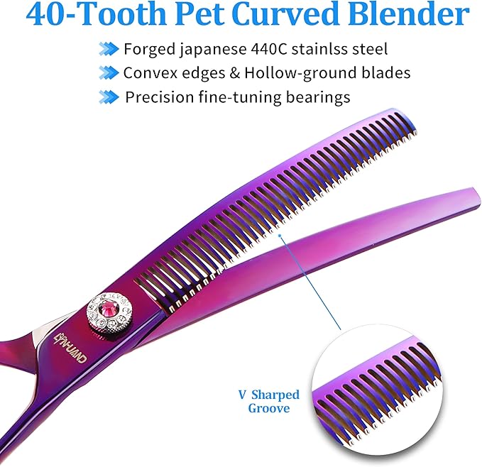 7" Professional Curved Thinning Scissors for Dog Grooming Sharp Blades Blending Shears Dog Grooming Scissors Japan 440C Stainless Steel Smooth Motion & Fine Cutting(Multicolored)