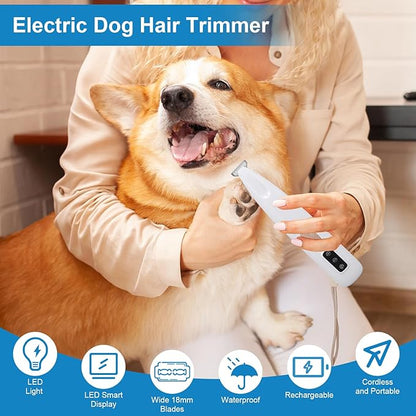 Dog Trimmer, Electric Dog Hair Trimmer with LED Light and LED Display, 18 Mm Widen Blade Pet for Small Dogs Paws Ears Face Rump, Waterproof Rechargeable