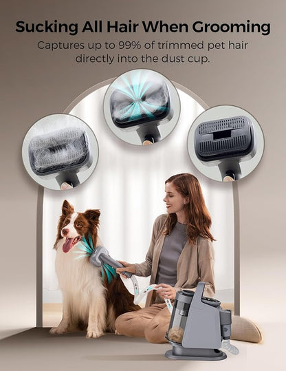 Dog Grooming Kit, FurEase Dog Grooming Vacuum with Dog Clippers for Grooming, 13000Pa Powerful Dog Vacuum for Shedding Grooming with 5 Pet Grooming Tools (Iron Gray, 2.5 Liter Canister)