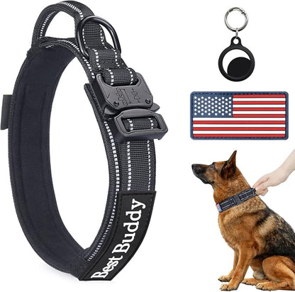 Reflective Dog Collar, AUBEEL Tactical Dog Collar for Medium Large Dogs, Heavy Duty Dog Collars with Handle and Metal Buckle Great for German Shepherd, with Airtag Holder and 2 Patches(Black, L)