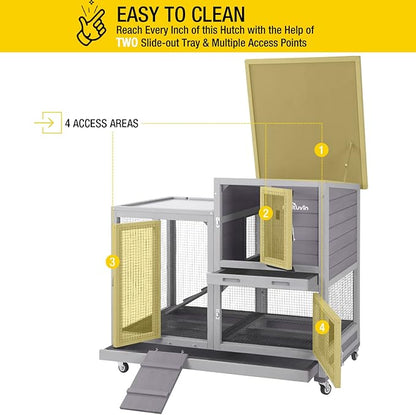 Aivituvin Rabbit Hutch Large Wooden Bunny House Guinea Pig Cages on Wheels, Two Trays, Indoor Outdoor