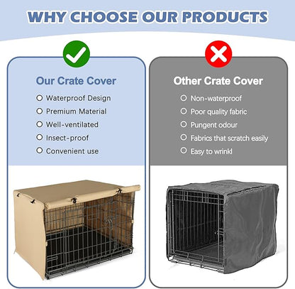 Akinerri Dog Crate Cover - Double Door Waterproof Pet Kennel Cover, Durable 600D Polyester Protective Cage Cover for 24/30/36/42/48 Inch Dog Crate - Beige