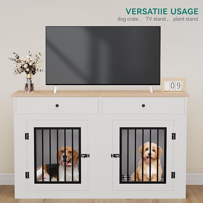 YITAHOME 60" Wooden Dog Crate Furniture with Removable Divider & Storage Drawers, Double Door Kennel with Locks for Medium and Large Dogs, Multi-Functional Dog Crate End Table for Indoor use, White