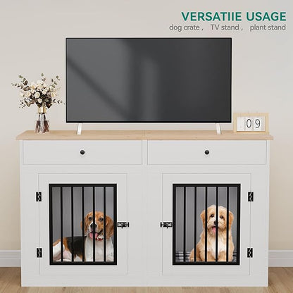 YITAHOME 60" Wooden Dog Crate Furniture with Removable Divider & Storage Drawers, Double Door Kennel with Locks for Medium and Large Dogs, Multi-Functional Dog Crate End Table for Indoor use, White