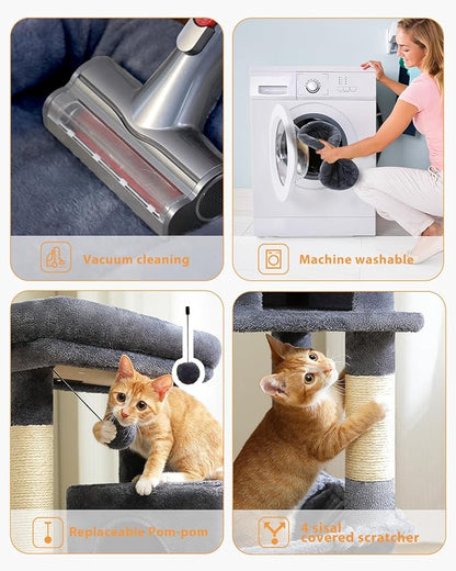 PETEPELA 45.7" Cat Tree for Indoor Cats, 5-Level Cat Tower for Large Cats with Metal Frame Large Hammock (17.3"x15.3"), Cat Condo with (18.5"x13") Big Top Perch & 4 Sisal Covered Scratching Post Dark