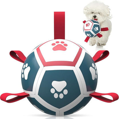 QDAN Dog Toys Soccer Ball with Straps, Outdoor Interactive Dog Toys for Tug of War, Puppy Birthday Gifts, Dog Tug Toy, Dog Water Toy, Durable Dog Balls for Small Dogs - Blue&Red（5 Inch）