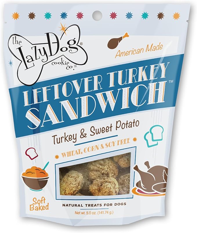 The Lazy Dog Cookie Co. Leftover Turkey Sandwich, Turkey & Sweet Potato Soft-Baked Natural Dog Treats - Wheat-Free & Soy Free - Limited Edition - Made in The USA - 5 oz