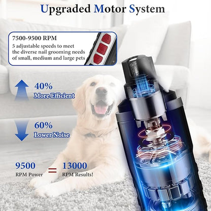 5-Speed Dog Nail Grinder, Newest Upgraded Pet Nail Trimmer with 2 LED Lights, Rechargeable Painless Silent Groom Pro Nail Grinder for Large Medium Small Dogs