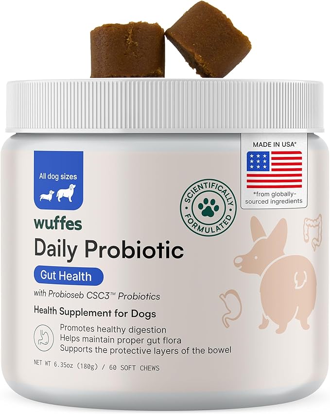 Wuffes Daily Probiotic for Dogs - Supports Digestive Health, Gut Balance, and Immune System - with Prebiotics, Marshmallow Root, and Pumpkin Powder - 60 Soft Chews