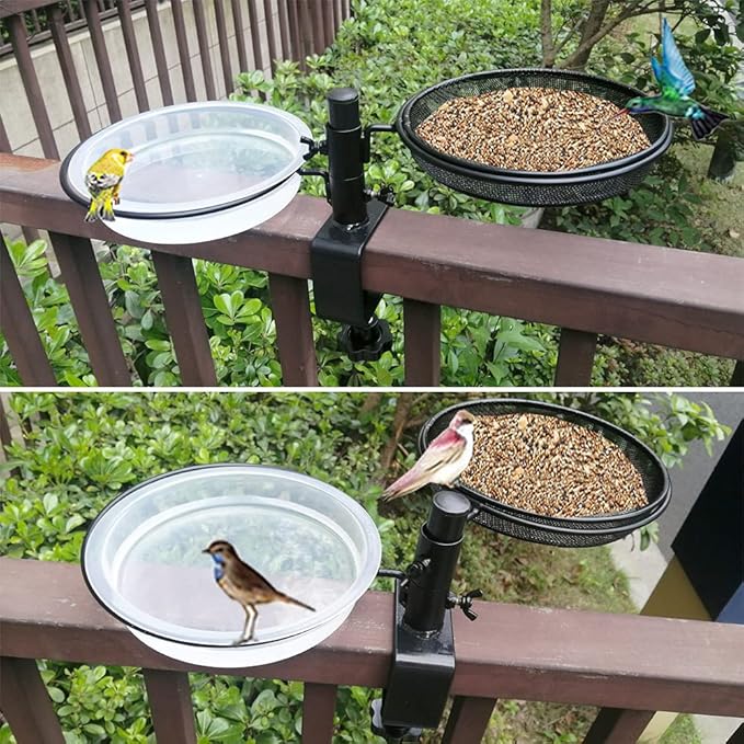 Deck Bird Feeders with Metal Mesh Tray and 2 Water Bowls - Detachable Adjustable Heavy Duty Clamp Bracket, Rail Bird Bath Balcony Porch Railing Feeder Perfect for Attracting Birds.