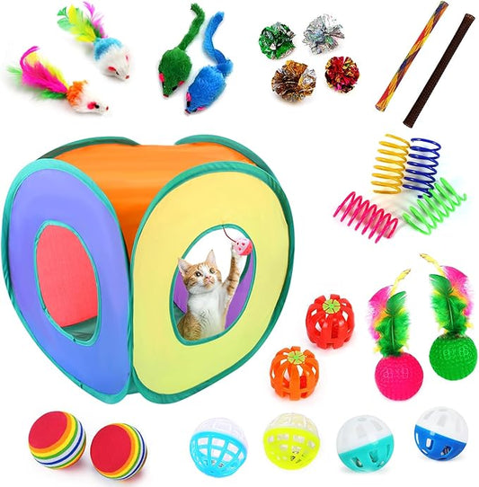 iCAGY 25-Piece Cat Toys Kit with Rainbow Cube Tunnel - Interactive Cat Toy Bundle for Indoor Cats, Kitten Playtime Variety Set Includes Springs, Balls, Mice & Noise Toys