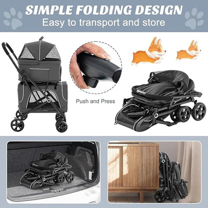 Double Dog Stroller, Foldable 3-in-1 Cat Stroller with 2 Detachable Carriers, Safety Belt, Washable Cover, Removable Pads, 4 Wheels Travel Pet Stroller for Small Medium Dogs (Grey)