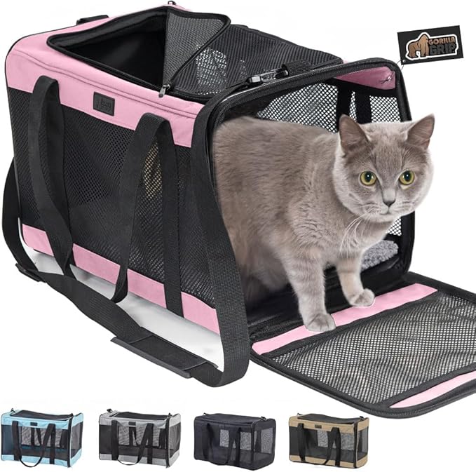 GORILLA GRIP Cat Carrier Travel Bag Up to 15 Lbs, Soft Collapsible Small Dog Carriers, Top and Side Entry Breathable Mesh, Grip Feet on Underside, Cozy Washable Waterproof Pad, Portable Kennel, Pink