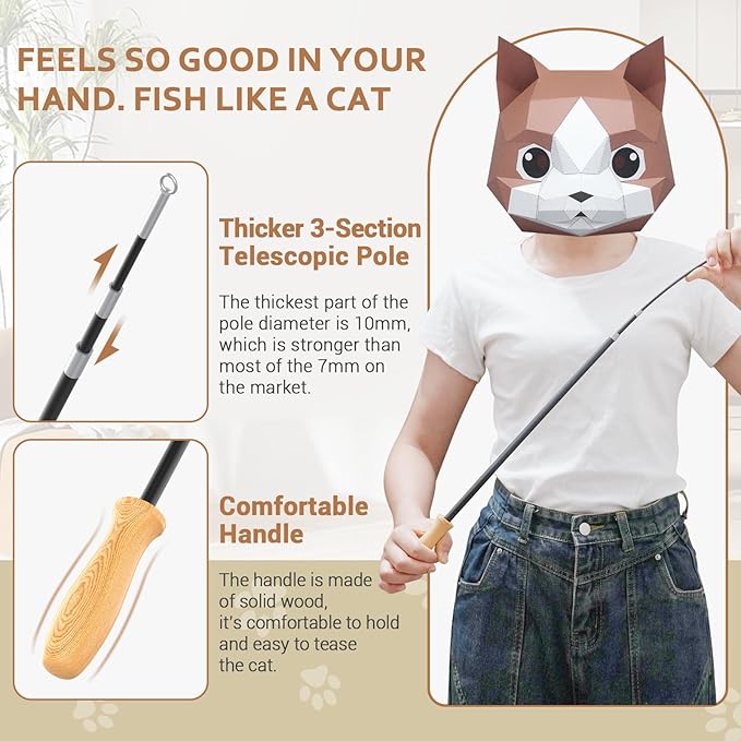 ROSAUI Cat Teaser Wand Toys, Interactive Bird Toys for Indoor Kittens, 42.15’’ Long Cat Fishing Pole Toys, 2Pcs Wires and 5Pcs Natural Refills, Sustainable Wooden Handles, Exercising, Playing