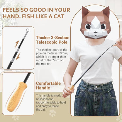 ROSAUI Cat Teaser Wand Toys, Interactive Bird Toys for Indoor Kittens, 42.15’’ Long Cat Fishing Pole Toys, 2Pcs Wires and 5Pcs Natural Refills, Sustainable Wooden Handles, Exercising, Playing