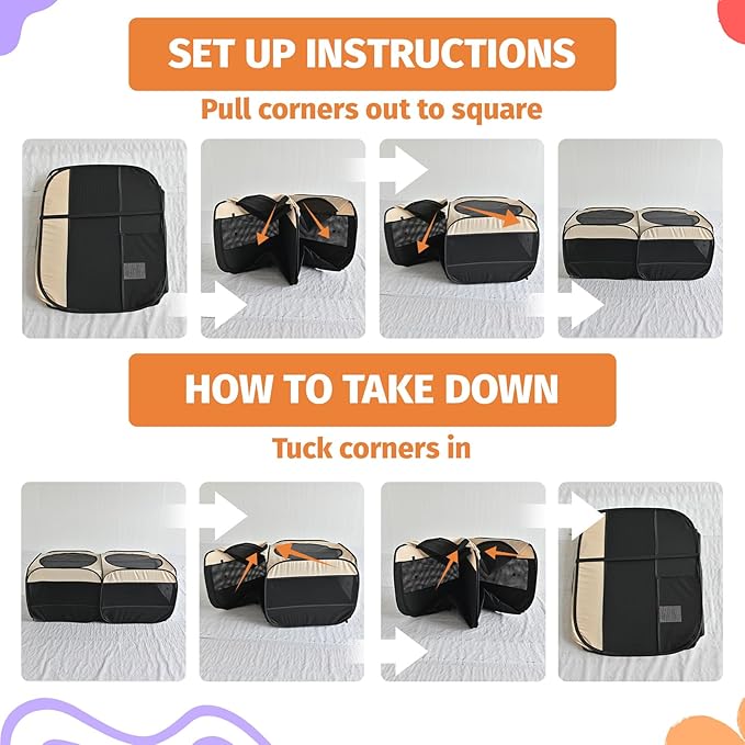 2-in-1 Dog Playpen 46.5''Pop Up Cat Pet Playpen, Assembly-Free Indoor Outdoor Kitten Enclosure, Kitten Pen Cat Cage Portable Puppy Tent Crates Kennel for Small Animals(No Divider, Unified Space)