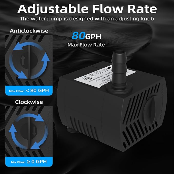 80GPH Mini Submersible Pump(300L/H, 4W), Small Fountain Pump with 4.9 ft Tubing for Aquariums, Fish Tank, Tabletop Fountain, Pet Fountain, Indoor or Outdoor Pond Fountain