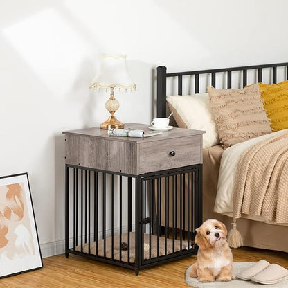 HOOBRO Dog Crate Furniture, Wooden Dog House, Decorative Dog Kennel with Drawer, Indoor Pet Crate End Table for Small Dog, Steel-Tube Puppy Cage, Chew-Proof, Greige BG01GW03