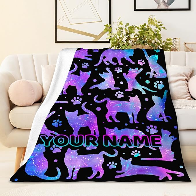 Personalized Cat Blanket Gift with Name for Girls Women Birthday, Soft & Cozy Cat Throw Blanket for Kids Teens Adults, Custom 40x50 Inch Cute Fuzzy Throws for Sofa Couch Bed