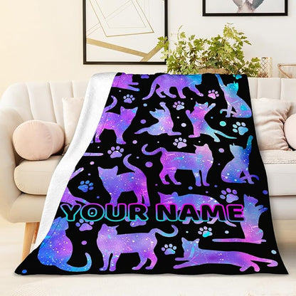 Personalized Cat Blanket Gift with Name for Girls Women Birthday, Soft & Cozy Animal Throw Blanket for Pets Babies Kids Cat Lovers, Custom 30x40 Inch Cute Fuzzy Throws for Lap Sofa Couch