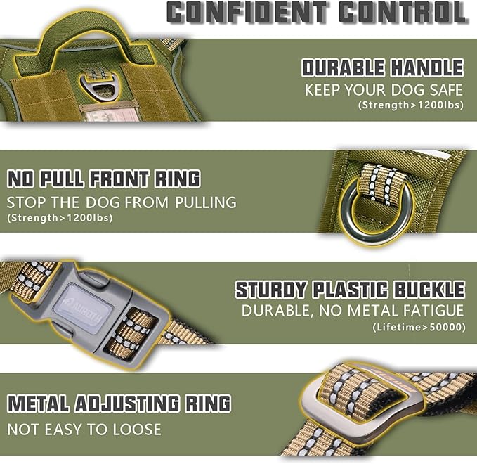 Auroth Tactical Dog Harness for Small Medium Large Dogs No Pull Adjustable Pet Harness Reflective K9 Working Training Easy Control Pet Vest Military Service Dog Harnesses XL, Green