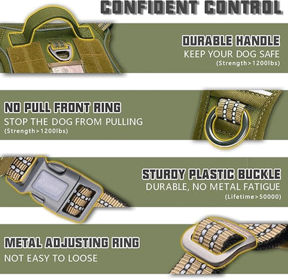 Auroth Tactical Dog Harness for Small Medium Large Dogs No Pull Adjustable Pet Harness Reflective K9 Working Training Easy Control Pet Vest Military Service Dog Harnesses XL, Green