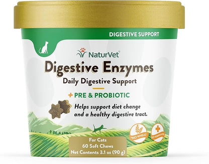 NaturVet  Digestive Enzymes for Cats Plus Probiotics  60 Soft Chews  Helps Support Diet Change & A Healthy Digestive Tract  Aids in The Absorption of Vitamins & Minerals  30 Day Supply