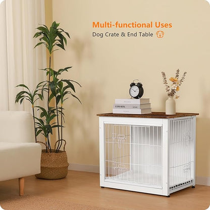 DWANTON Dog Crate Furniture with Cushion, Wooden Dog Crate with Double Doors, Dog Furniture, Dog Kennel Indoor for Small Dogï¼_nd Table, 27.2" L, White+Rustic Brown