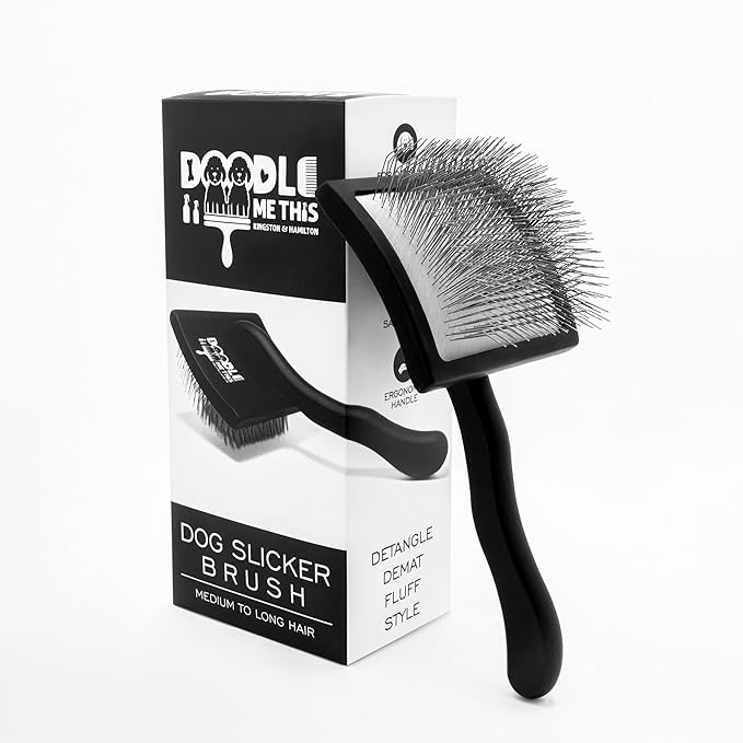 Doodle Me This | Slicker Brush for Dogs. Ergonomic black brush with extra-long stainless steel pins, easy for dematting, detangling, Groom Like a Pro at Home dog brush for shedding.