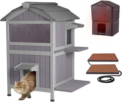 Aivituvin Outdoor Heated Cat House Two Story Feral Cat Shelter Weatherproof Cat Enclosure for Winter Kitty Condo with Escape Doors