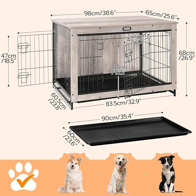 HOOBRO Dog Crate Furniture, 38.6" Large Dog Kennel Indoor, Wooden Dog Crate with Pull-Out Tray, Double Doors Dog House, Modern Side End Table for Small/Medium/Large Dog, Greige BG982GW03