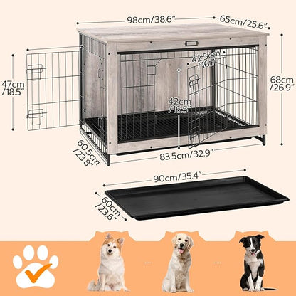 HOOBRO Dog Crate Furniture, 38.6" Large Dog Kennel Indoor, Wooden Cage with Pull-Out Tray, Double Doors Pet House Side End Table for Large/Medium/Small Dogs, Greige BG982GW03