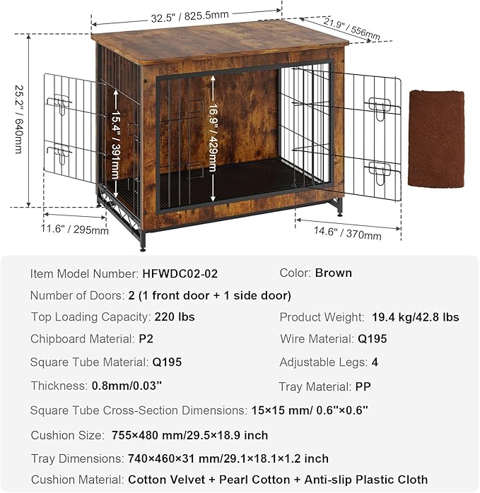 VEVOR Dog Crate Furniture, 32 inch Wooden Dog Crate with Double Doors, Heavy-Duty Dog Cage End Table with Multi-Purpose Removable Tray, Modern Dog Kennel Indoor for Dogs up to 45lb, Rustic Brown