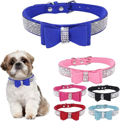 Rhinestone Dog Collars for Small Dogs, Female Diamond Dog Collar with Bowtie Crystal Jeweled Girl Cat Collar Sparkling Glitter for XXS XS Small Dogs,Blue,XXS