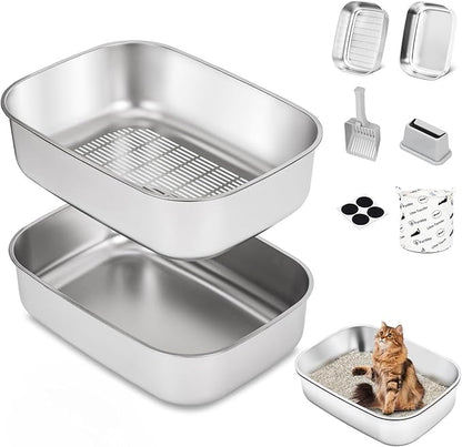 Stainless Steel Sifting Litter Box with Lid, Metal Litter Pan with Scoop for Big Cats Multi Cat, Extra Large Cats Litterbox Odor Control Easy Clean (22.8 * 16.1 * 6.5inch-Without Enclosure, X-Large)