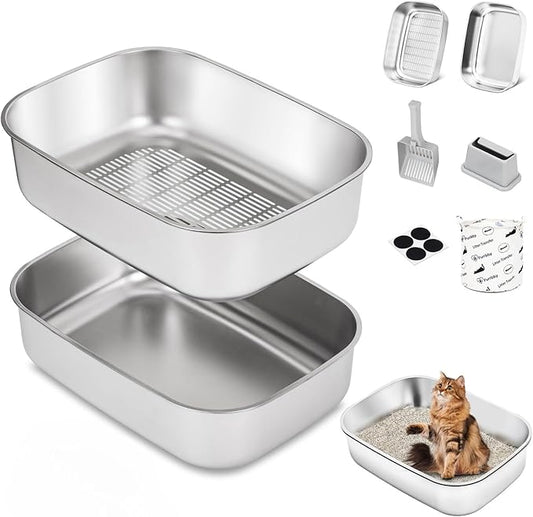 Stainless Steel Sifting Litter Box with Lid, Metal Litter Pan with Scoop for Big Cats Multi Cat, Extra Large Cats Litterbox Odor Control Easy Clean (22.8 * 16.1 * 6.5inch-Without Enclosure, X-Large)