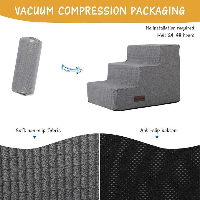 Dog Stairs for Small Dogs, Dog Steps for Couch and Bed, Non-Slip Bottom Pet Stairs for Small Dogs or Cats, Grey, 3 Steps