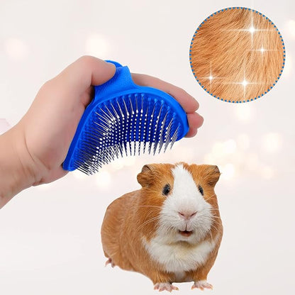 4 Pieces Bunny Grooming Kit: Brush, Hair Remover, Nail Clipper, Shampoo Brush with Adjustable Ring Handle for Rabbits, Hamsters (Blue)
