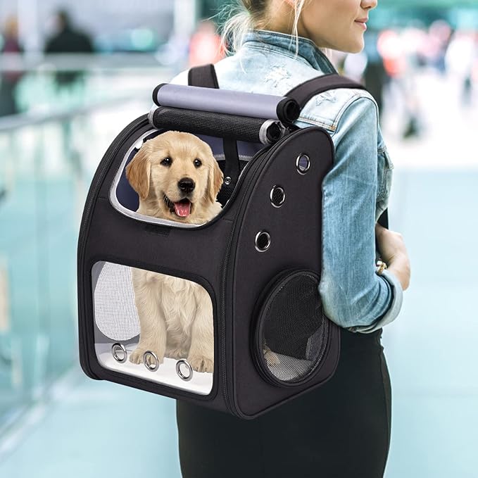 Expandable Cat Carrier Backpack for Cats, Dogs and Small Animals, Portable Pet Travel Carrier, Super Ventilated Design, Airline Approved, Ideal for Traveling/Hiking/Camping, Black