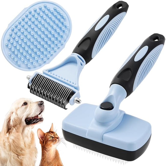 3PCS Cat & Dog Brush Set: Slicker & Deshedding Brush, Dematting Comb, and Bath Brush  Premium Grooming Tools for Shedding & Tangle-Free Fur (blue)