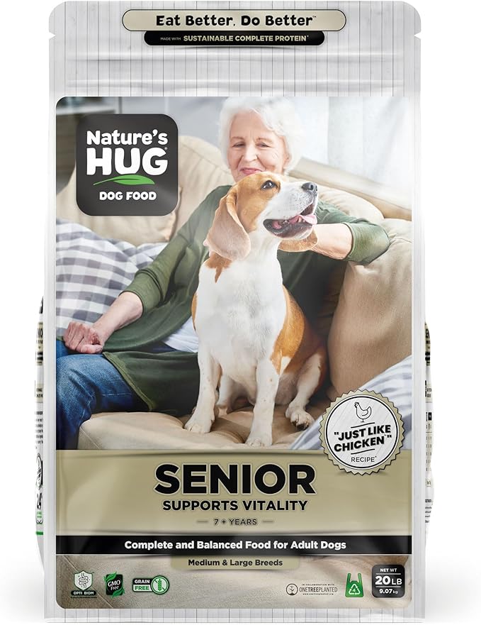 Nature's HUG Dry Dog Food, for Senior-Medium & Large Breeds, 20 lb. Bag, Chicken Flavor Plant-Based Protein Vegetarian Kibble, Grain-Free, Allergen-Free, Complete Protein & Balanced Nutrition