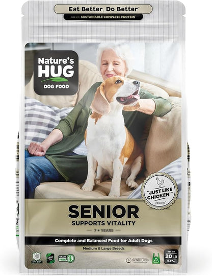 Nature's HUG Dry Dog Food, for Senior-Medium & Large Breeds, 20 lb. Bag, Chicken Flavor Plant-Based Protein Vegetarian Kibble, Grain-Free, Allergen-Free, Complete Protein & Balanced Nutrition